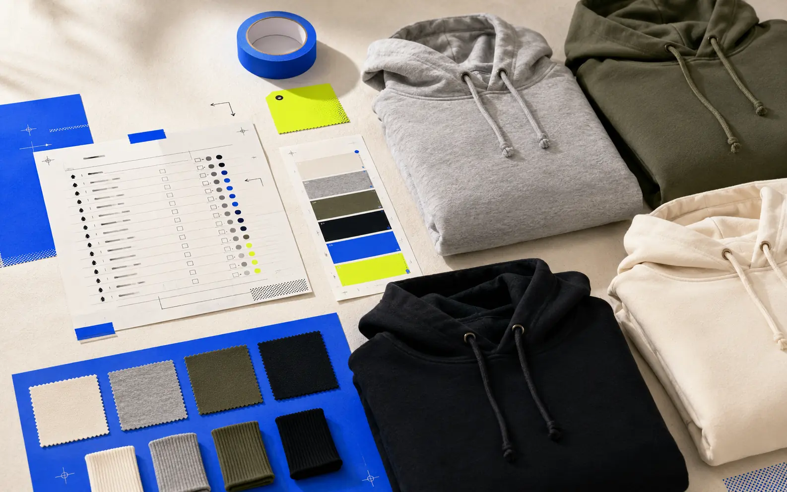 Mesa de trabajo con sudaderas, colores y una lista de tallas